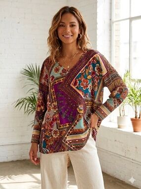 Printed Boatneck Blouse in Purple Teal Floral Patchwork